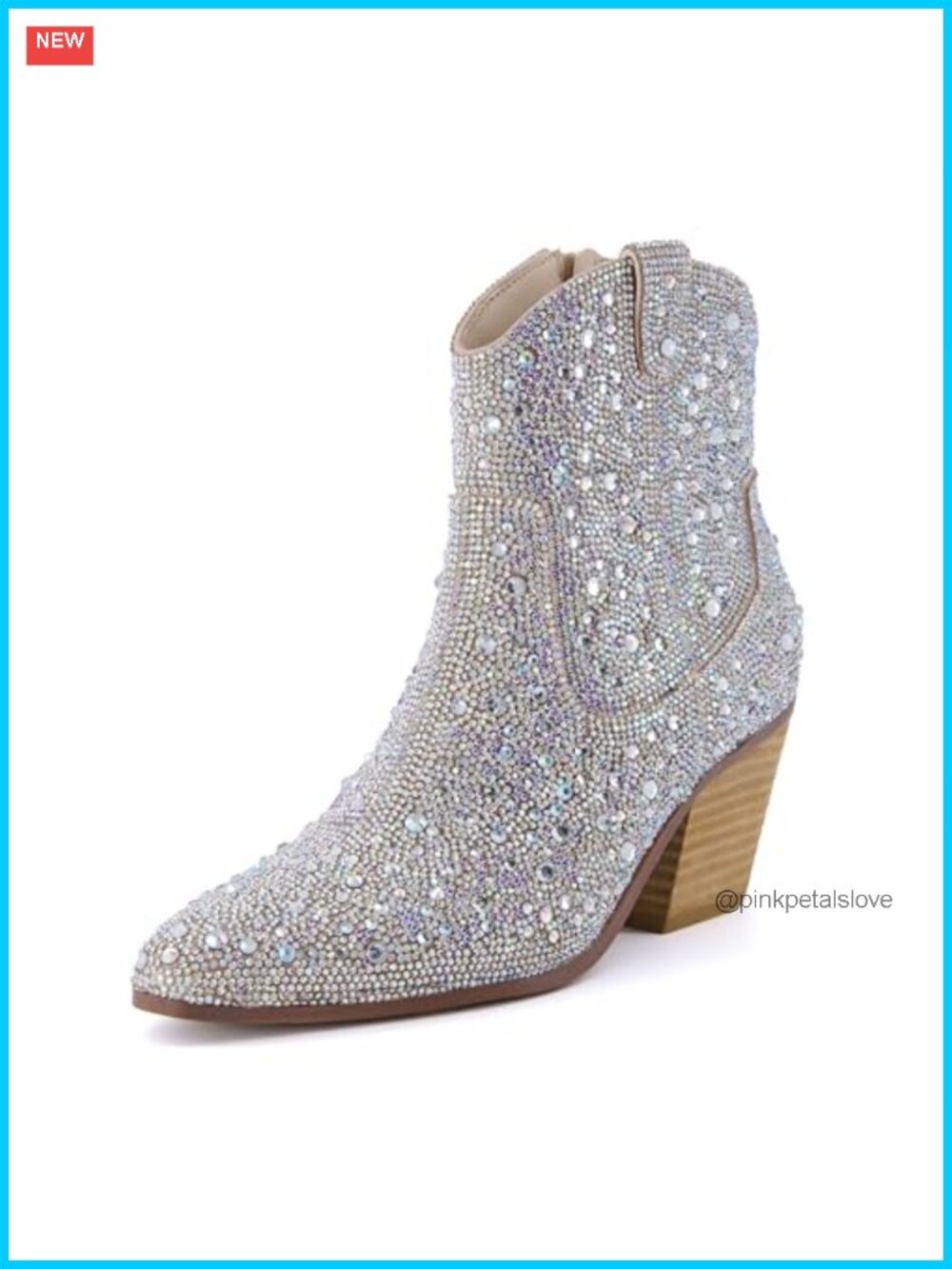 Rhinestone Western Ankle Boots Memory Foam Side Zip Block Heel
